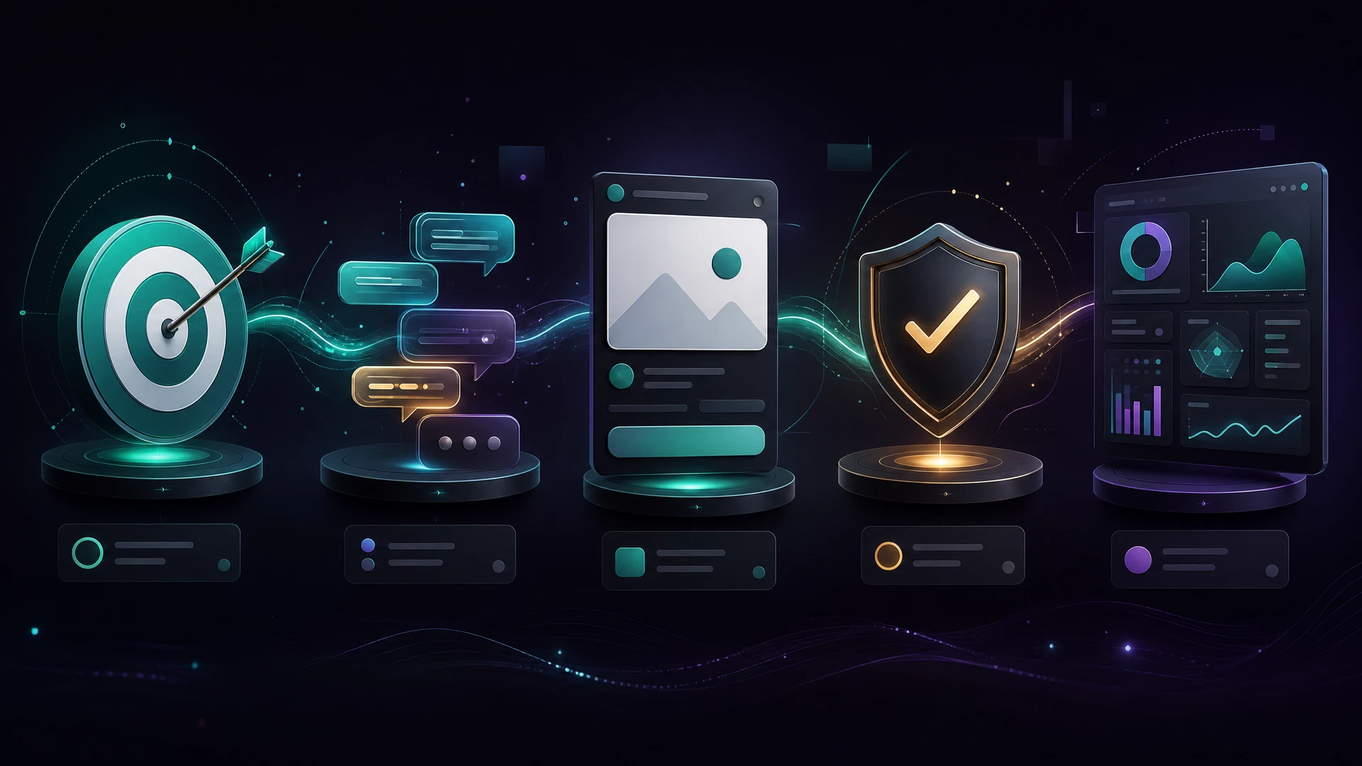 Fluxo de uma campanha no ChatGPT Ads entre objetivo, contexto, criativo, revisão e mensuração